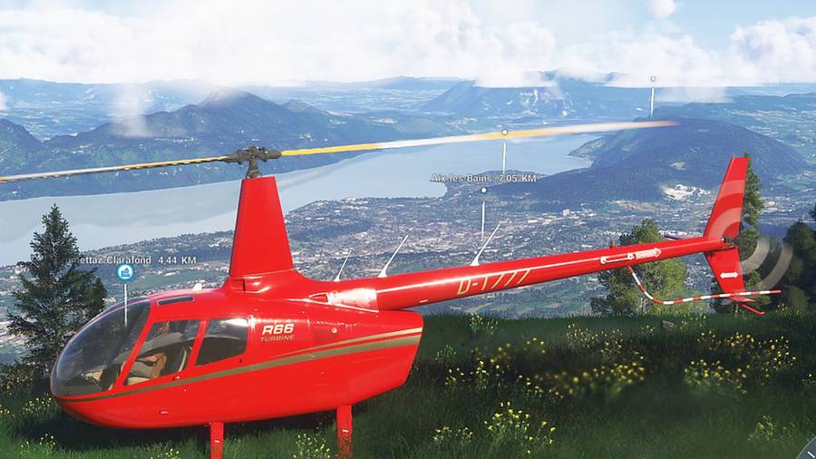 Robinson R66 posé sur une crête au-dessus du lac du Bourget, sur le simulateur de vol hélicoptère HélicoSimu